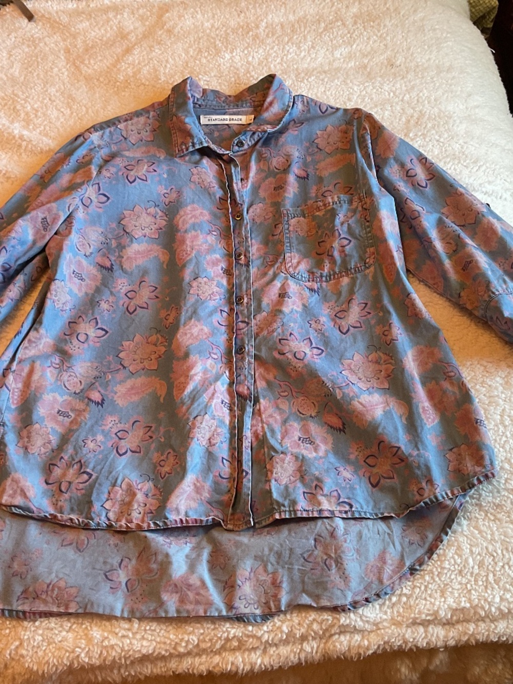 Light blue with pink and dark blue blouse